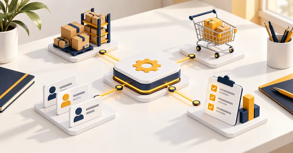 Ilustración de un ERP conectado con inventario, tienda online, clientes y planificación